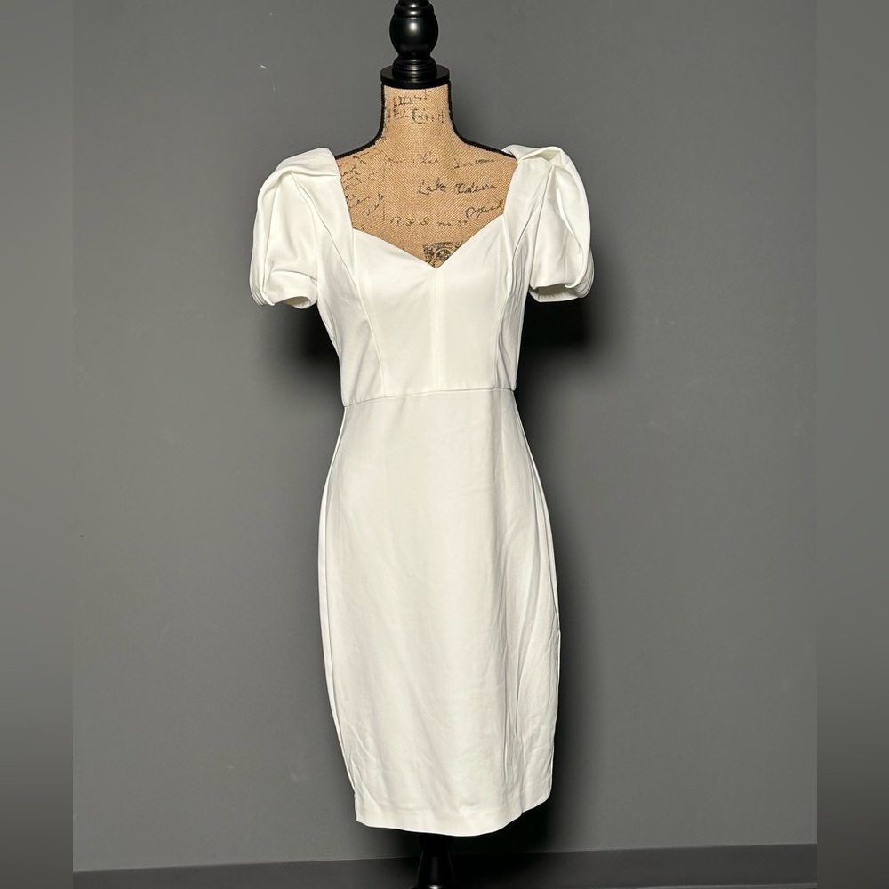 Badgley Mischka short sleeve crepe dress knee length Ivory